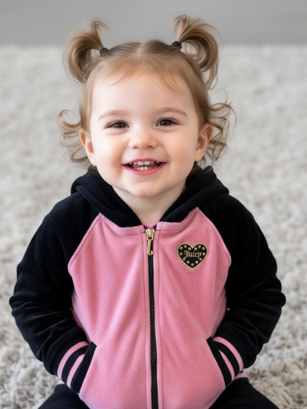 Juicy Couture Girls 4T Pink Black Velour Full Zip Hoodie Jacket Heart Logo